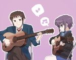  bad_id brown_eyes brown_hair guitar instrument kyon musical_note musical_notes nagato_yuki purple_hair short_hair suzumiya_haruhi_no_yuuutsu tonbi 