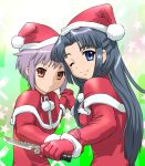  asakura_ryouko blue_eyes blue_hair brown_eyes capelet gloves hat knife lavender_hair long_hair multiple_girls nagato_yuki santa_costume santa_hat short_hair stocking_cap suzumiya_haruhi_no_yuuutsu ueyama_michirou wink 