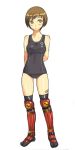  arms_behind_back bandaid brown_eyes brown_hair em greaves looking_away one-piece one-piece_swimsuit persona persona_4 satonaka_chie short_hair swimsuit thigh-highs thighhighs 