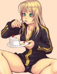  and aqua_eyes bike_shorts blonde_hair breasts cake cleavage eating food fork green_eyes holding holding_fork jacket long_hair mustard_seeds original pastry sepia_background simple_background solo thighs track_jacket 