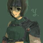  bare_shoulders brown_eyes brown_hair final_fantasy final_fantasy_vii fishnets headband lowres midriff ninja short_hair sleeveless sleeveless_turtleneck smile solo turtleneck yuffie_kisaragi 