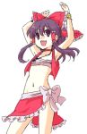  armpits arms_up bad_id black_eyes black_hair bow bracelet choker cosplay fushigi_no_umi_no_nadia hair_bow hair_tubes hakurei_reimu ica jewelry midriff nadia nadia_(cosplay) necklace parody ribbon sarashi solo touhou yin_yang 