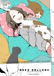  bed braid brown_hair cat happy highres lying original pillow pillows sweater twin_braids 