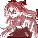  fujiwara_no_mokou hair_ribbon hair_ribbons hand_in_pocket hands_in_pockets long_hair lowres monochrome red ribbon ribbons shaded_face shimomoto smirk suspenders touhou 