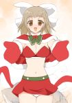  bow breasts brown_eyes brown_hair bustier capelet christmas cleavage hair_bow hair_ornament kusaka kusaka_souji lingerie midriff miniskirt mittens navel open_mouth panties ribbon ribbons santa_costume short_hair skirt smile underwear 