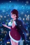  bell brown_hair cityscape earrings hoshii_miki idolmaster jewelry lunch_(artist) santa_costume short_hair snow solo 
