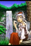  bad_id blue_eyes detached_sleeves diving fang food grey_hair hands hat inubashiri_momiji kawashiro_nitori kurione_(pixiv) kurione_(zassou) onigiri open_mouth scenery sword tail tokin_hat touhou water waterfall weapon wolf_ears wolf_tail 