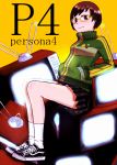  athletic_jacket brown_hair em glasses glow glowing hands_in_pockets persona persona_4 pins pocketed_hands satonaka_chie shoes short_hair skirt sneakers socks television track_jacket yellow-framed_glasses 