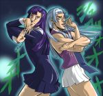  bangs blue_hair blunt_bangs hair_tubes jojo&#039;s_bizarre_adventure jojo_no_kimyou_na_bouken kannagi long_hair maldives man_face nagi parody purple_hair skirt style_parody zange 