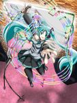  aqua_eyes aqua_hair colorful detached_sleeves hands hatsune_miku highres long_hair microphone microphone_stand musical_note musical_notes necktie outstretched_arm outstretched_hand reaching skirt thigh-highs thighhighs twintails vocaloid yuki_(pixiv89064) yukihanaok 