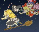  bad_id blonde_hair blue_hair broom broom_surfing broomsurfing charin couple covering_eyes flandre_scarlet flying hairband hand_holding hat heart holding_hands kirisame_marisa kiss red_eyes remilia_scarlet short_hair star touhou trembling vampire wings witch_hat yuri 