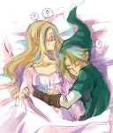  blonde_hair blush hat hug link long_hair lowres mutsuki_kaya nintendo pointy_ears princess_zelda sleeping the_legend_of_zelda 