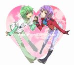  boots gloves green_hair gundam gundam_00 hand_holding hilling_care holding_hands jacket nagi_no_hiiragi nagino_hiiragi pants purple_hair short_hair wink 