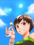  brown_eyes brown_hair cloud clouds em from_below grin persona persona_4 popsicle satonaka_chie short_hair sky smile striped sweat wristband 