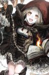  1girl belt blonde_hair book boots buckle chains cloak dress eyelashes fire flame frills highres holding holding_book hood_up little_red_riding_hood_(sinoalice) long_hair long_sleeves looking_at_viewer magic open_mouth sinoalice smile solo white_background yellow_eyes 