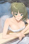  1girl asymmetrical_hair bangs bare_shoulders bathing blue_eyes blush breasts brown_hair cleavage collarbone commentary_request eyebrows_visible_through_hair green_eyes hayashi_kewi heterochromia idolmaster idolmaster_cinderella_girls looking_at_viewer medium_breasts mole mole_under_eye parted_lips short_hair smile solo takagaki_kaede tied_hair towel 