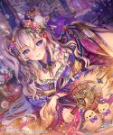  1girl animal bird blush breasts chick company_name copyright_name flower hair_flower hair_ornament holding holding_wand large_breasts long_hair official_art parted_lips sengoku_saga silver_hair smile teeth twintails violet_eyes wand yeonwa 