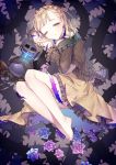  1girl absurdres barefoot blonde_hair braid briar_rose_(sinoalice) closed_eyes eyelashes flower frills full_body highres lying may_(2747513627) on_side one_eye_closed pale_skin rose sinoalice solo thorns yellow_eyes 