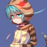  1girl blue_background eyebrows_visible_through_hair frown glowing glowing_eye green_eyes green_hair hands_in_pockets highres hood hoodie kemono_friends long_sleeves looking_at_viewer pink_ribbon ribbon shaded_face simple_background sion_(sion9117ys) snake_tail solo striped_hoodie tail tsuchinoko_(kemono_friends) upper_body 