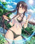  1girl black_hair blush breasts cleavage day eyebrows_visible_through_hair falkyrie_no_monshou hair_ornament hairclip large_breasts light_rays long_hair looking_at_viewer natsumekinoko navel outdoors parted_lips solo sparkle sun sunbeam sunlight twintails x_hair_ornament 