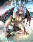  1girl bare_shoulders blush breasts cleavage clenched_teeth collar collarbone cuffs dragon_girl dragon_horns dragon_tail dragon_wings full_body gyakushuu_no_fantasica hair_between_eyes horns kneeling large_breasts long_hair looking_at_viewer official_art purple_hair ryuki@maguro-ex scales shackles shirt solo tail tattoo teeth torn_clothes torn_shirt wings yellow_eyes 