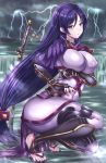  1girl absurdly_long_hair armor black_gloves blush breasts cleavage eyebrows_visible_through_hair fate/grand_order fate_(series) fingerless_gloves gloves highres large_breasts long_hair looking_at_viewer minamoto_no_raikou_(fate/grand_order) parted_lips purple_hair sandals smile solo squatting sword taka-kun very_long_hair violet_eyes weapon 