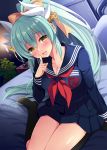  1girl aqua_hair black_legwear blurry blush breasts cleavage commentary_request depth_of_field fate/grand_order fate_(series) finger_to_face hair_between_eyes head_tilt highres horns ikura_nagisa indoors kiyohime_(fate/grand_order) kneehighs long_hair long_sleeves looking_at_viewer neckerchief on_bed open_mouth pleated_skirt ponytail school_uniform serafuku sitting skirt smile solo thighs very_long_hair wariza yellow_eyes 