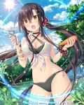  1girl black_hair blush breasts cleavage day eyebrows_visible_through_hair falkyrie_no_monshou hair_ornament hairclip large_breasts light_rays long_hair looking_at_viewer natsumekinoko navel open_mouth outdoors solo sparkle sun sunbeam sunlight twintails x_hair_ornament 