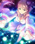  1girl alternate_hairstyle ankle_boots artist_request bare_shoulders boots breasts cleavage collarbone detached_sleeves earth galaxy green_eyes hair_ornament idolmaster idolmaster_cinderella_girls jewelry necklace official_art outstretched_arms serious solo space star_(sky) yanagi_kiyora 