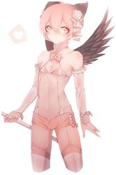  1boy animal_ears bananaxcs7 bare_shoulders bra bridal_gauntlets bulge cowboy_shot flower frills garters hair_flower hair_ornament looking_to_the_side original pink_eyes pink_hair shorts simple_background staff suspenders tareme thigh-highs underwear white_background wings 