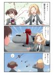  3girls 3koma aircraft airplane alisa_(girls_und_panzer) bangs black_necktie blazer blonde_hair blue_eyes brown_eyes brown_hair c-5m_super_galaxy closed_eyes clouds cloudy_sky comic day dress_shirt flying from_behind gift girls_und_panzer grey_jacket hair_ornament holding jacket kakizaki_(chou_neji) kay_(girls_und_panzer) long_hair long_sleeves looking_at_another multiple_girls musical_note naomi_(girls_und_panzer) necktie open_clothes open_jacket open_mouth parachute party_popper quaver saunders_school_uniform school_uniform shirt short_hair short_twintails sky sleeves_rolled_up smile spoken_musical_note standing star star_hair_ornament translated twintails white_shirt 