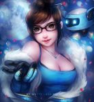  1girl artist_name black-framed_eyewear black_hair blue_gloves blue_shirt body_freckles bra bra_peek breasts brown_eyes brown_hair casual closed_mouth freckles full_moon fur_trim gloves hair_bun hair_ornament hair_stick jewelry large_breasts light_smile lips looking_at_viewer matty_lasuire mei_(overwatch) moon necklace night night_sky off_shoulder outstretched_arm outstretched_hand overwatch petals rectangular_glasses shirt short_hair single_glove sky snowball_(overwatch) snowflake_hair_ornament solo star_(sky) starry_sky tank_top underwear upper_body 