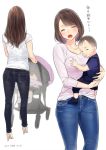  2017 2girls ama_mitsuki ass baby blush brown_hair carrying child closed_eyes commentary_request dated denim from_behind high_heels jeans long_hair milf multiple_girls multiple_views open_mouth original pants pink_shirt shirt short_hair simple_background smile translated white_background white_shirt 