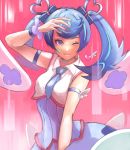  1girl absurdres arm_up blue_angel blue_eyes blue_hair blue_necktie bow earrings facial_tattoo heart heart_earrings highres jewelry mine1225 necktie one_eye_closed pink_background shirt simple_background sleeveless sleeveless_shirt smile tattoo twintails wings yu-gi-oh! yuu-gi-ou_vrains zaizen_aoi 