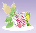  antennae blush closed_eyes dino_(tdino) holding leavanny lei lowres lurantis no_humans orchid orchid_mantis pink_wings pokemon pokemon_(creature) pokemon_(game) pokemon_bw pokemon_rgby pokemon_sm purple_background scythe scyther wings yellow_wings 