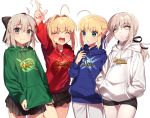  4girls :d :o ^_^ ahoge arts_shirt black_skirt blonde_hair blush buster_shirt closed_eyes closed_mouth cowboy_shot expressionless extra_attack_shirt fate/grand_order fate_(series) grey_eyes grey_hair hair_intakes half_updo hood hoodie ichinose_yukino index_finger_raised looking_at_another looking_at_viewer multiple_girls open_mouth pleated_skirt ponytail quick_shirt saber saber_alter saber_extra sakura_saber short_hair short_hair_with_long_locks shorts sidelocks simple_background skirt smile white_background yellow_eyes 