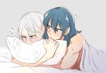  2girls bangs bare_shoulders bed_sheet blanket blue_eyes blue_hair blush byleth_(fire_emblem) byleth_eisner_(female) commentary_request ear_blush edelgard_von_hresvelg embarrassed eyebrows_visible_through_hair eyes_visible_through_hair fire_emblem fire_emblem:_three_houses grey_background grey_eyes hair_between_eyes hug hug_from_behind long_hair looking_at_another lying multiple_girls nose_blush on_stomach pillow pillow_hug riromomo simple_background sweat tearing_up translation_request white_hair yuri 