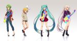  4girls aqua_eyes aqua_hair arms_behind_back bangs belt blonde_hair blue_eyes boots bow braid breasts cardigan choker cross-laced_footwear drumsticks glasses gradient gradient_background green_eyes green_hair guitar gumi hair_bow hatsune_miku high_heels highres holding_instrument ia_(vocaloid) instrument kagamine_rin keyboard_(instrument) lace-up_boots long_hair matsuda_toki multiple_girls reflection short_hair short_shorts shorts skirt smile standing twintails very_long_hair vocaloid white_hair 