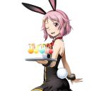  1girl ;d animal_ears black_dress breasts bunny_tail choker dress fake_animal_ears from_side hair_ornament hairband lisbeth_(sao-alo) looking_at_viewer medium_breasts one_eye_closed open_mouth pink_hair pointy_ears rabbit_ears red_eyes red_hairband short_dress short_hair smile solo standing sword_art_online tail transparent_background upper_body wrist_cuffs 
