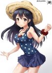  1girl ahoge alternate_costume armpits artist_name bare_arms bare_shoulders black_hair blue_skirt blue_swimsuit blush bow breasts brown_eyes brown_hat character_name cleavage closed_mouth collarbone contrapposto covered_navel cowboy_shot hair_between_eyes hat kantai_collection long_hair looking_at_viewer medium_breasts one-piece_swimsuit pleated_skirt polka_dot polka_dot_swimsuit red_bow sakiyamama scrunchie shiny shiny_skin simple_background skirt smile solo standing straw_hat swimsuit tareme twitter_username ushio_(kantai_collection) white_background wrist_scrunchie 