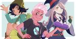  1boy 2girls backpack bag belt bente black_hair brown_eyes cake crossover dress food hair_over_one_eye hat janna_ordonia laramie_barriga little_witch_academia long_hair multiple_girls pale_skin pink_hair pink_skin purple_hair red_eyes scar scar_across_eye shirt short_hair simple_background skirt smile spoilers star_vs_the_forces_of_evil steven_universe sucy_manbavaran swiss_roll witch witch_hat 