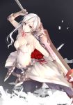  1girl armor armored_dress breasts cleavage eyelashes flower gloves grey_eyes highres holding holding_sword holding_weapon pale_skin rose silver_hair simple_background sinoalice snow_white_(sinoalice) solo sword thigh-highs weapon 