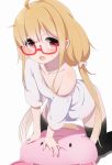  1girl :3 ahoge bangs bent_over bespectacled black_legwear blonde_hair blush bow brown_eyes collarbone flat_chest futaba_anzu glasses hair_bow hand_rest idolmaster idolmaster_cinderella_girls kneeling long_hair looking_at_viewer low_twintails no_pants off_shoulder open_mouth oversized_clothes polka_dot polka_dot_bow ratsuku_kinoko red-framed_eyewear semi-rimless_glasses shadow shirt short_sleeves sidelocks simple_background solo spread_legs stuffed_animal stuffed_bunny stuffed_toy t-shirt teeth thigh-highs twintails under-rim_glasses very_long_hair white_background white_bow white_shirt 