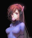  1girl arms_at_sides artist_name bangs black_background blue_bodysuit bodysuit breasts breasts_apart brown_hair bubble_blowing caesty chewing_gum d.va_(overwatch) facepaint facial_mark headphones medium_breasts overwatch pilot_suit ribbed_bodysuit simple_background skin_tight solo swept_bangs turtleneck upper_body violet_eyes whisker_markings 