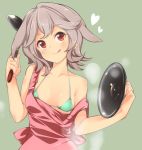  1girl apron atra_mixta bare_shoulders bikini bikini_top blush breasts green_background green_bikini grey_hair gundam gundam_tekketsu_no_orphans halter_top halterneck heart holding ladle licking_lips looking_at_viewer nishimura_nike off_shoulder red_eyes simple_background small_breasts smile solo steam string_bikini swimsuit tongue tongue_out upper_body 