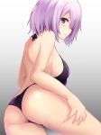  1girl alternate_costume artist_name ass bikini breasts contemporary fate/grand_order fate_(series) from_behind gradient gradient_background hair_over_one_eye highres large_breasts lips looking_at_viewer midriff parted_lips purple_bikini purple_hair rods shielder_(fate/grand_order) short_hair sideboob simple_background swimsuit thighs violet_eyes 