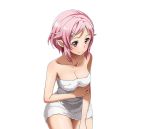  1girl breasts cleavage collarbone hair_ornament hairclip lisbeth_(sao-alo) medium_breasts naked_towel pink_hair pointy_ears red_eyes shiny shiny_skin short_hair sitting smile solo sword_art_online towel transparent_background white_towel 