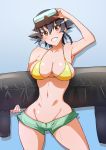  1girl armpits bare_shoulders black_hair blush breasts brown_eyes cleavage girls_und_panzer goggles goggles_on_head gradient gradient_background grin groin large_breasts looking_at_viewer micro_shorts narrow_waist navel pepperoni_(girls_und_panzer) short_hair sideboob smile solo standing thighs webslinger wide_hips 
