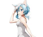  1girl animal_ears black_ribbon blue_eyes blue_hair blush bow cat_ears hair_bow hair_ribbon naked_towel parted_lips ribbon shinon_(sao-alo) short_hair_with_long_locks sidelocks solo sword_art_online towel towel_on_head transparent_background upper_body wet white_towel 