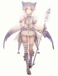  1boy animal_ears asymmetrical_clothes bananaxcs7 blue_hair boots doll_joints frills full_body garters gloves horn original puffy_sleeves simple_background single_thighhigh staff thigh-highs white_background wings 